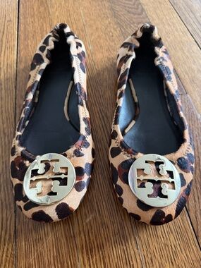 Tory Burch Leopard-Print Reva Ballet Flats with Gold Logo